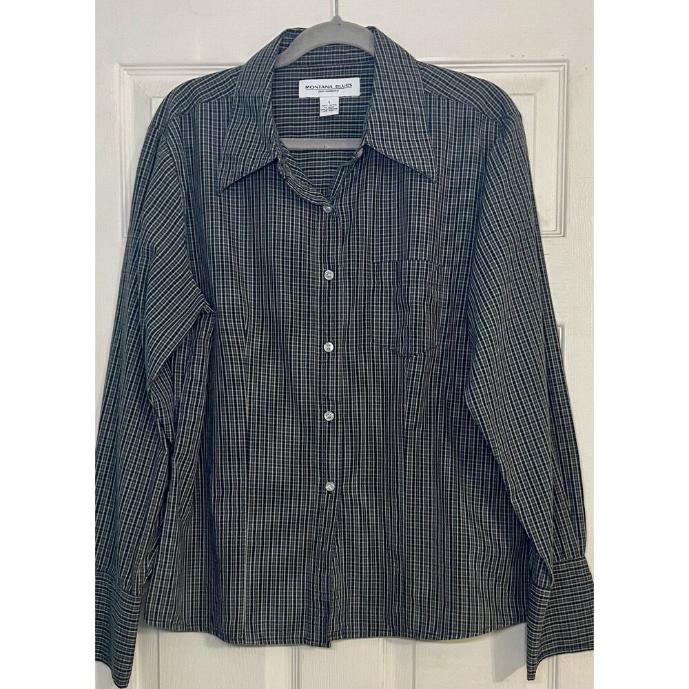 Vintage Montana Blues Women’s Large Plaid Button Down Shirt Long Sleeve Navy